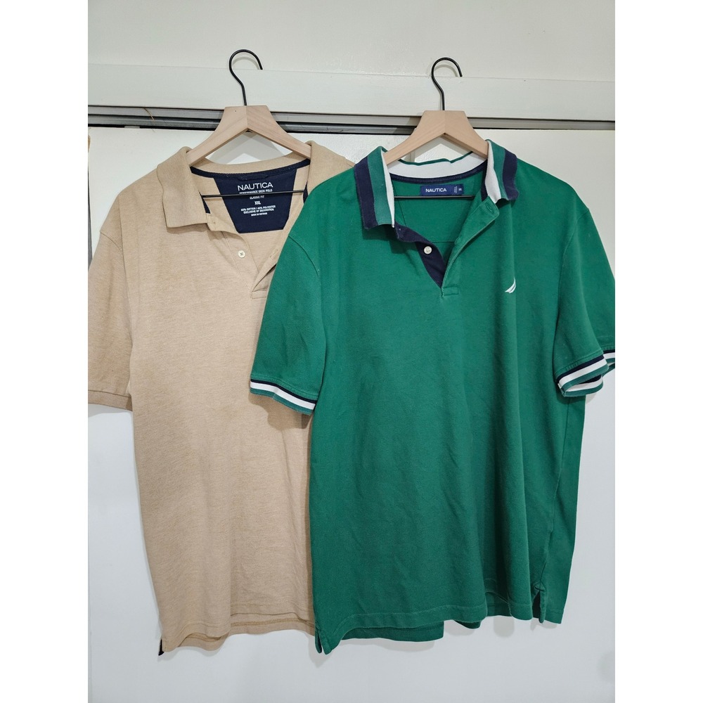 Nautica Mens XXL Performance Deck Polo Shirt Bundle Tan Green Classic Fit 2 Pack